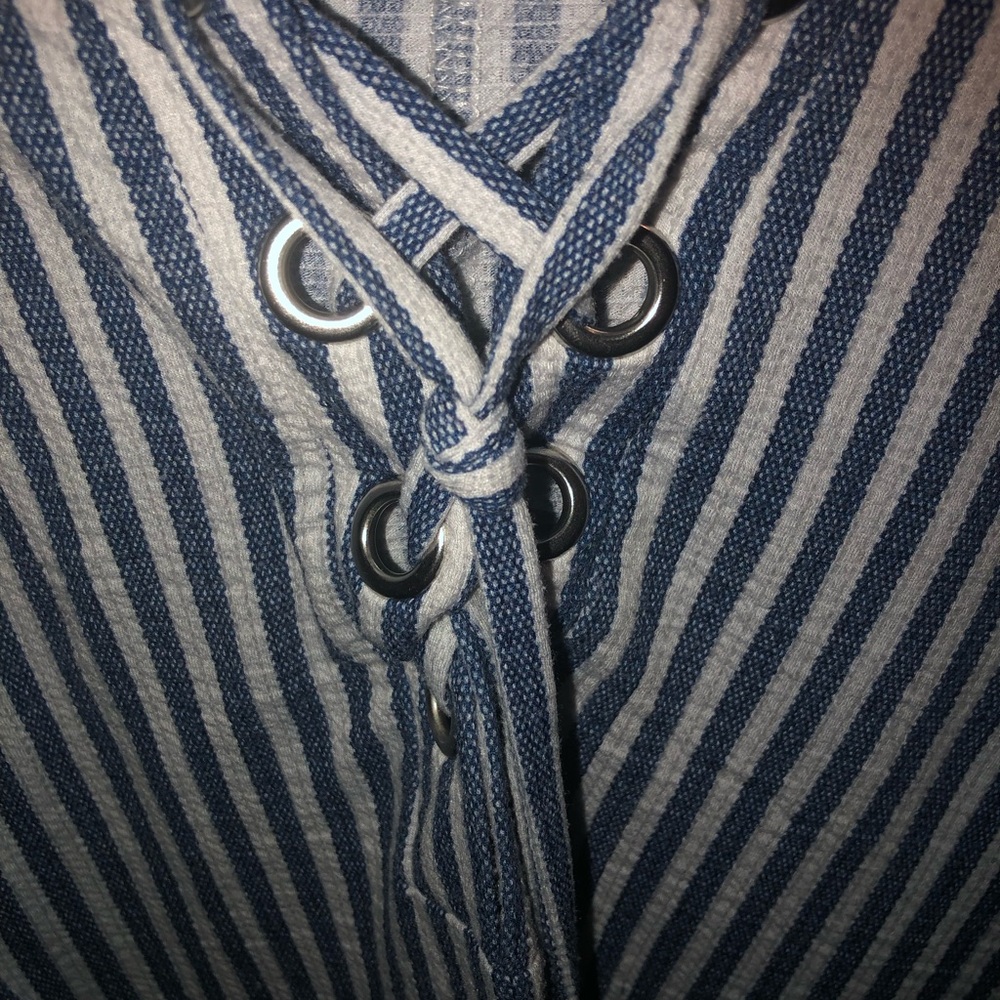Time and Tru Blue and White Striped Top with Tie Detail